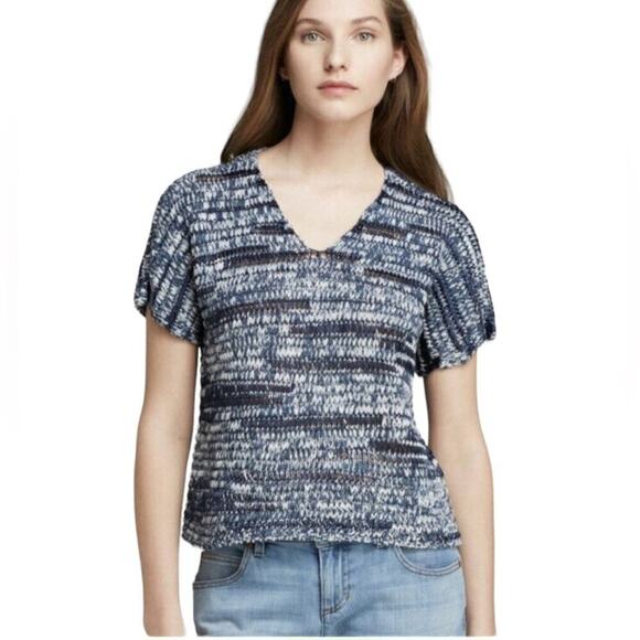 Eileen Fisher Brushstroke Cotton Tape Sweater Blue V-Neckline Size Small Petite - Picture 1 of 13